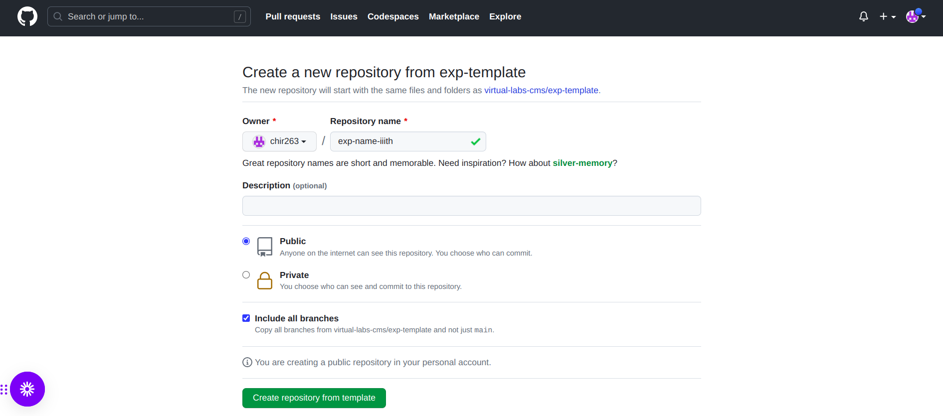 Completing Git Template and Creating Repository